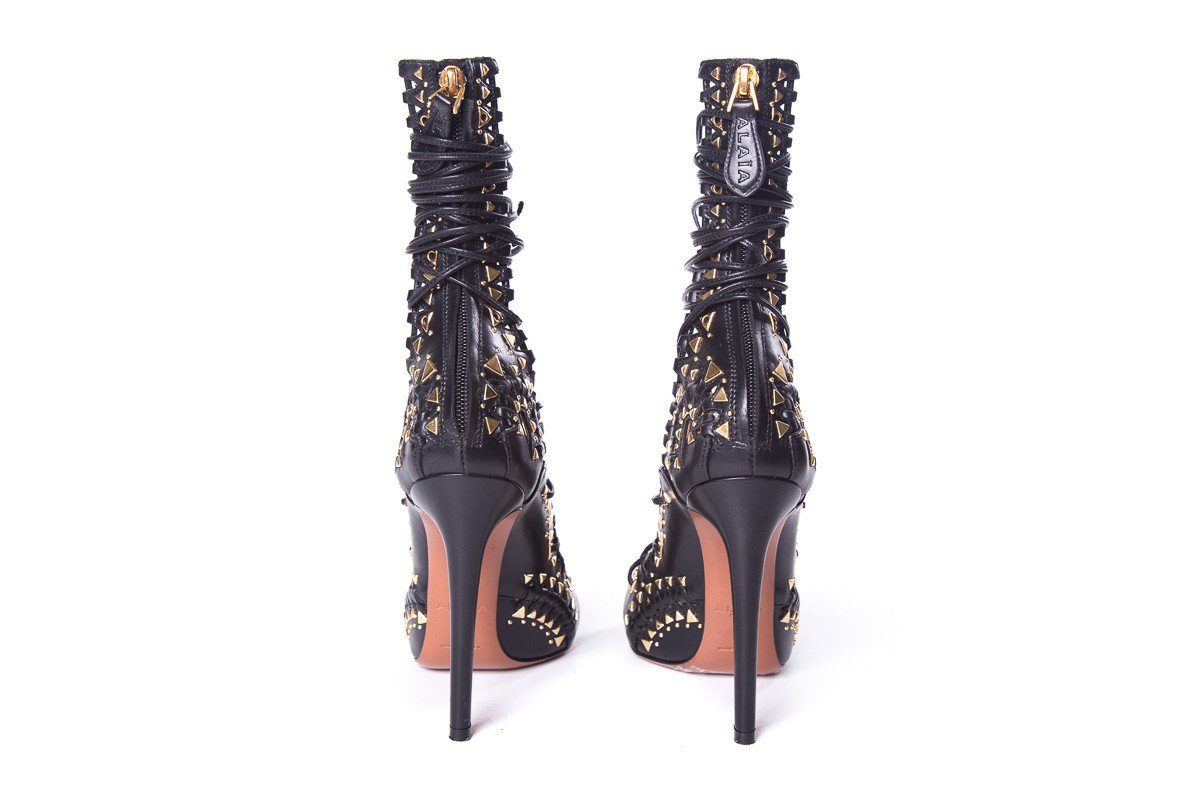 AlaÃƒÆ’Ã‚Â¯a Black Leather & Gold Studded Peep-Toe Lace Up Heels SZ 37