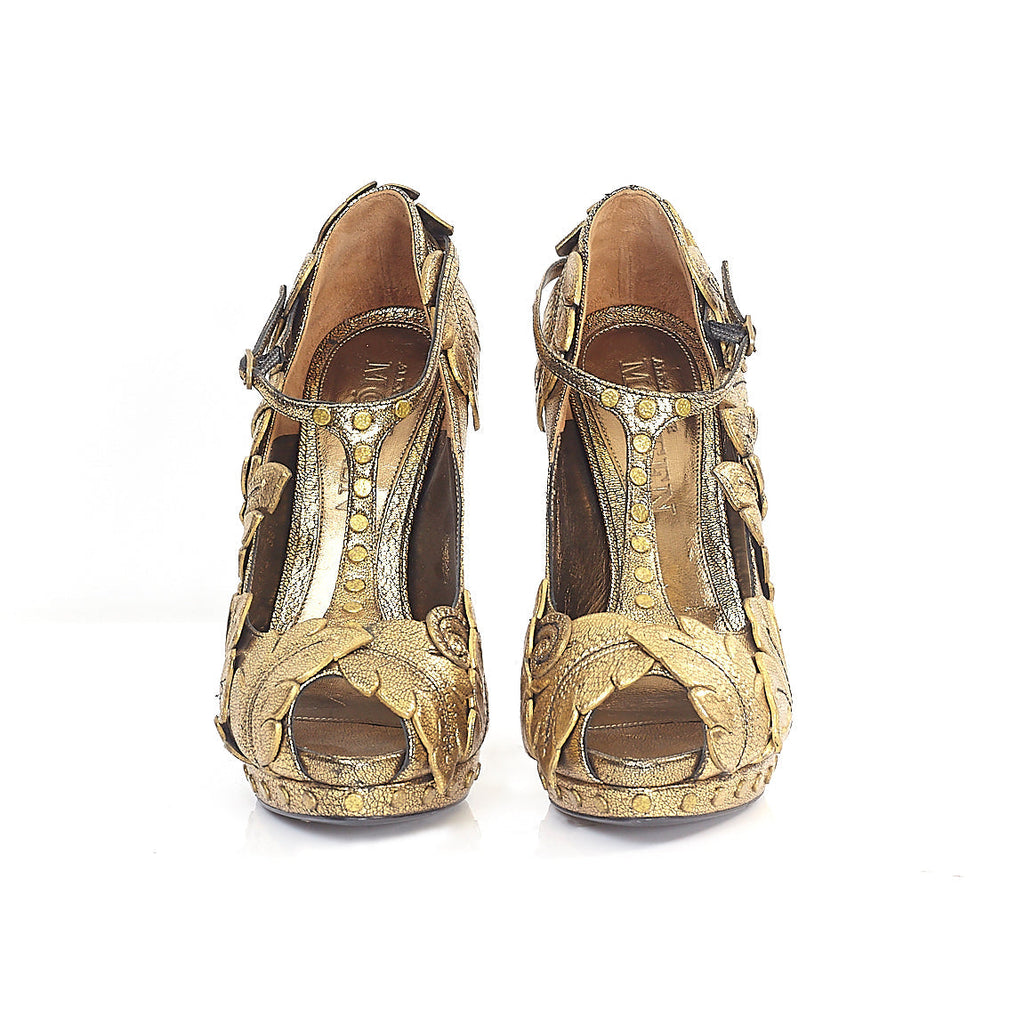 Gold T Bar Peep Toe Platforms