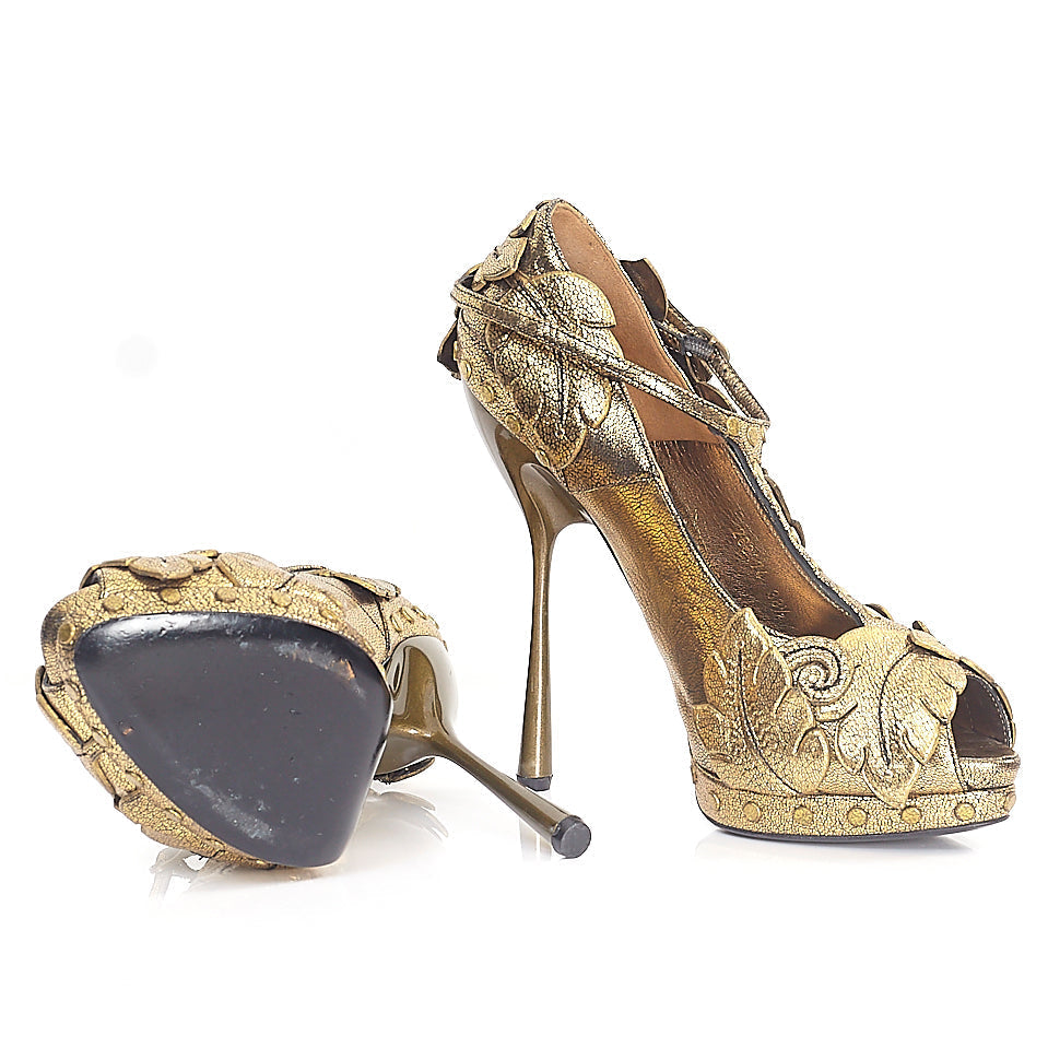 Gold T Bar Peep Toe Platforms