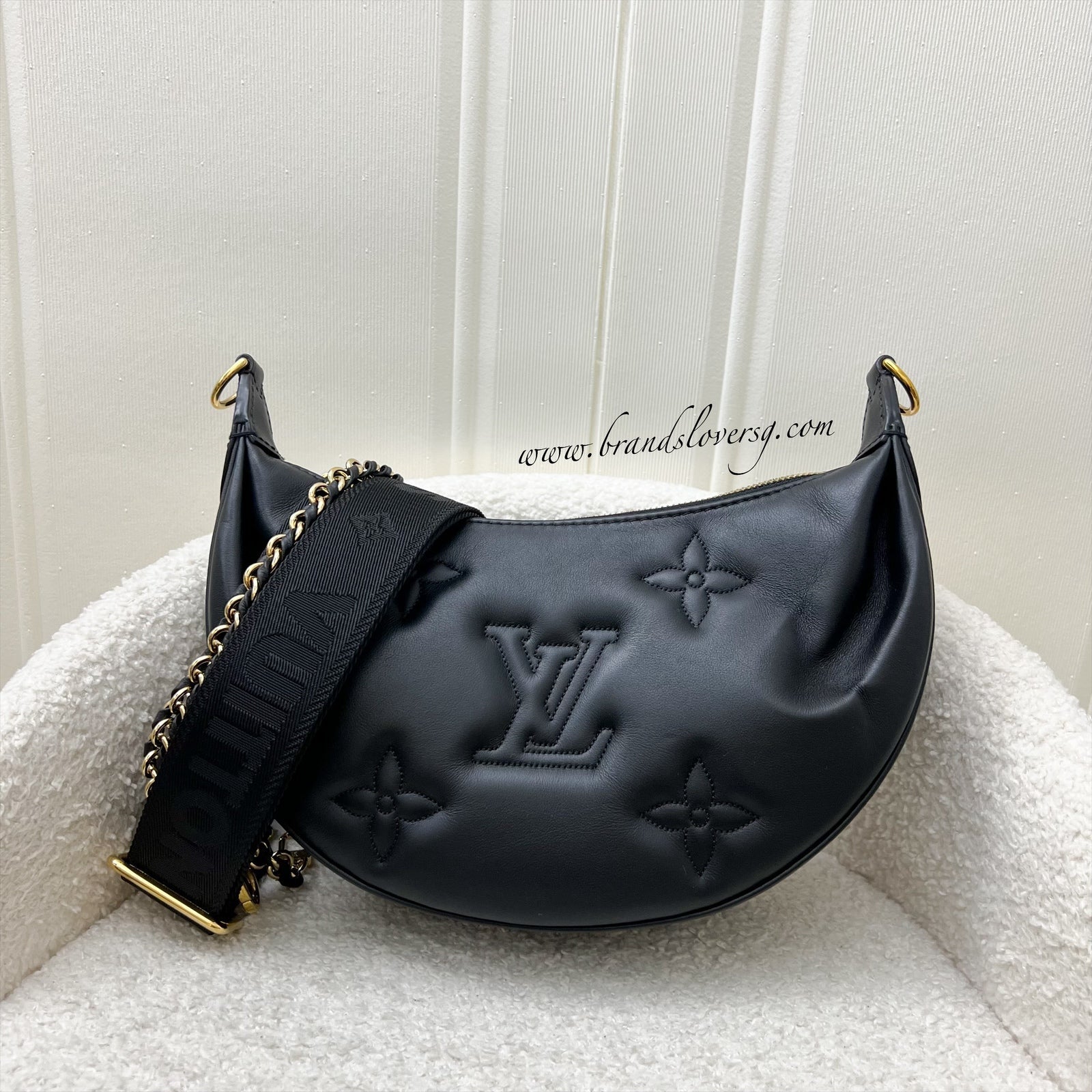 LV Over The Moon Bag in Black Bubblegram Calfskin and GHW with Canvas Strap and Chain Strap