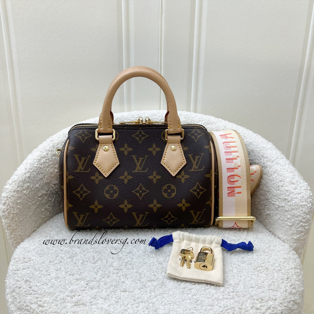 LV Speedy Bandouliere 20 in Monogram Canvas and Pink / Orange Patterned Strap