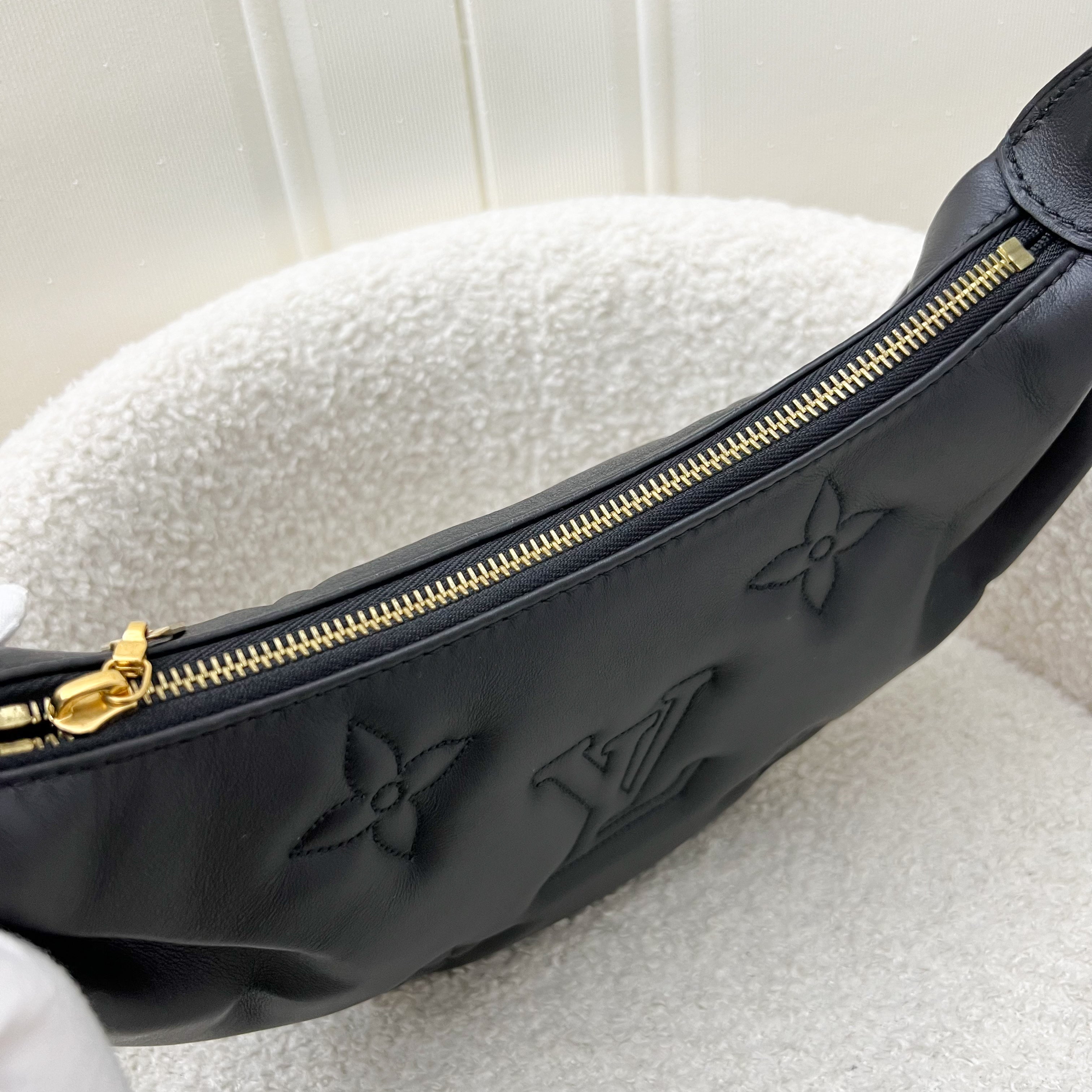 LV Over The Moon Bag in Black Bubblegram Calfskin and GHW with Canvas Strap and Chain Strap