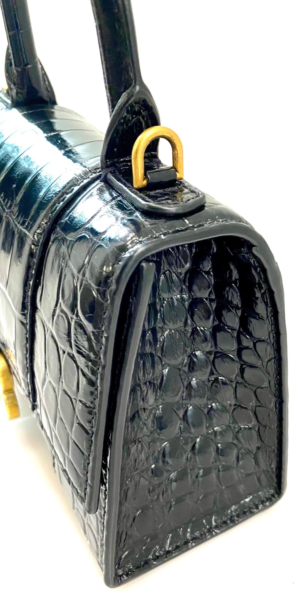 BALENCIAGA SHINY CALFSKIN CROC EMBOSSED MINI HOURGLASS BAG