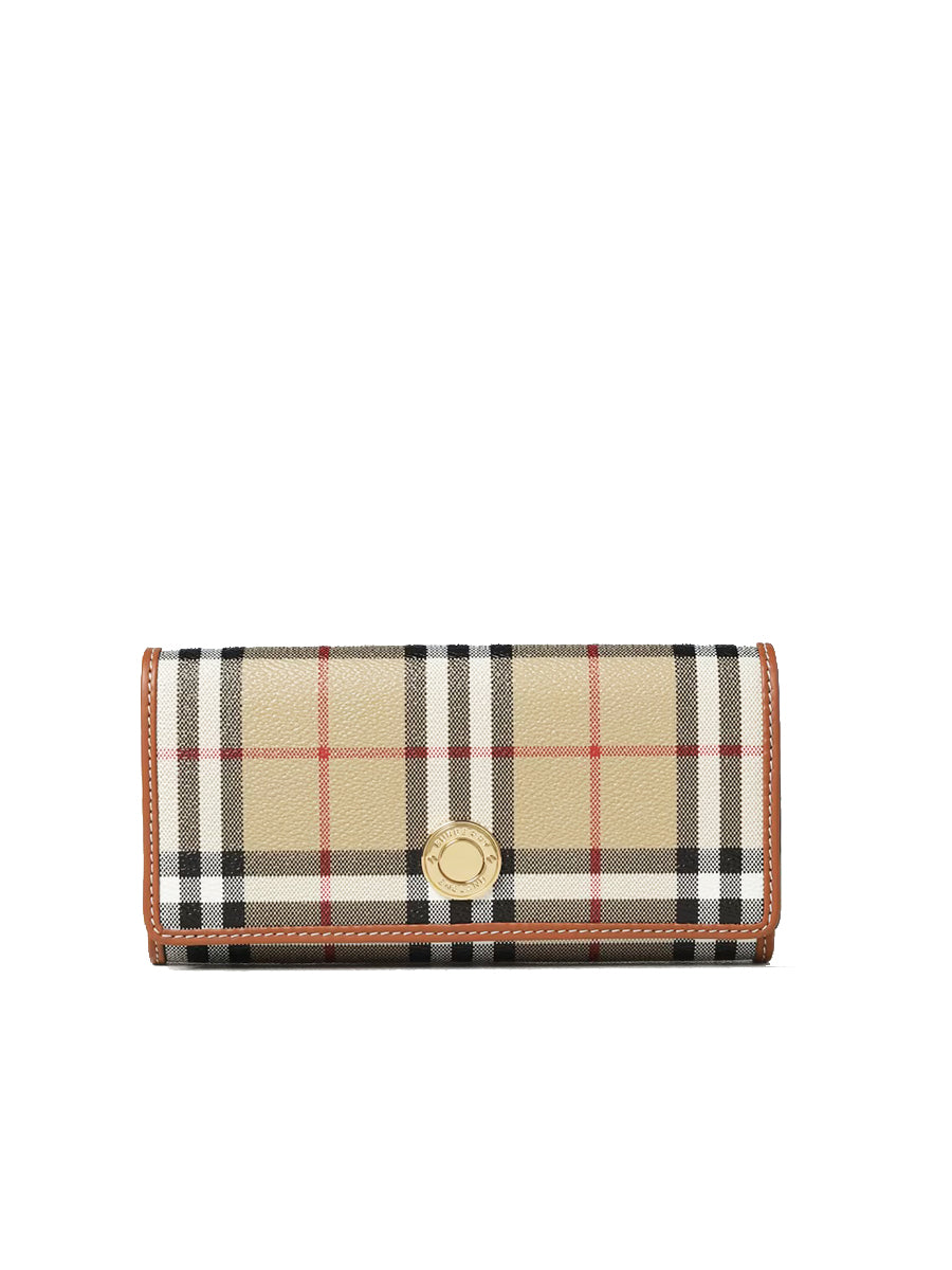Check and Leather Continental Wallet in Archive Beige