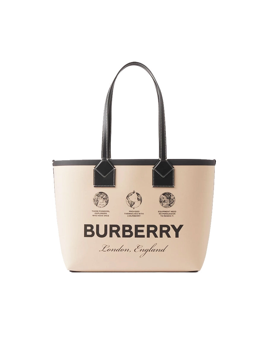 Label Print Cotton and Leather Small London Tote Bag