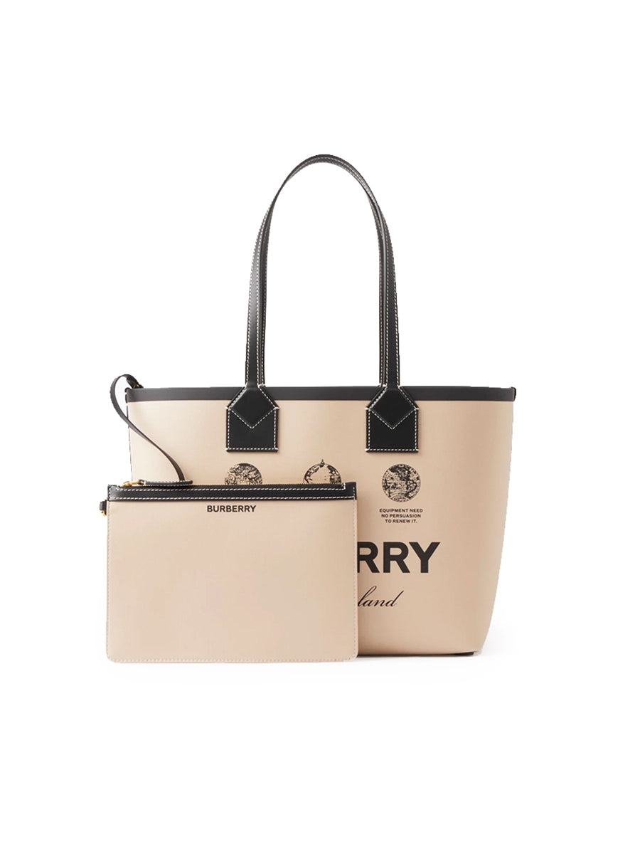 Label Print Cotton and Leather Small London Tote Bag