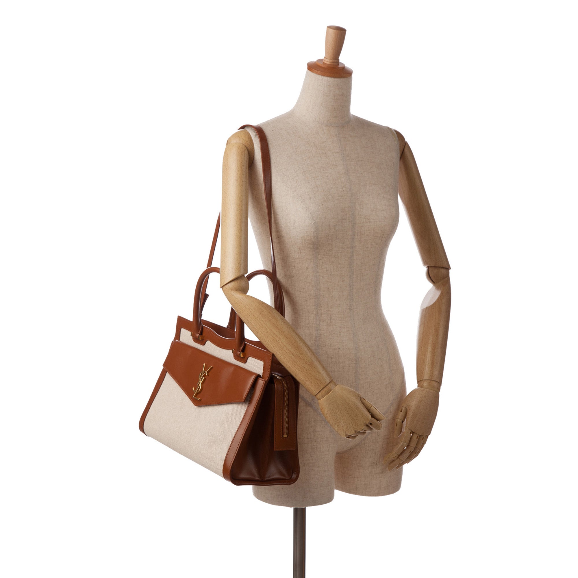 Beige Saint Laurent Medium Canvas Uptown Tote Satchel