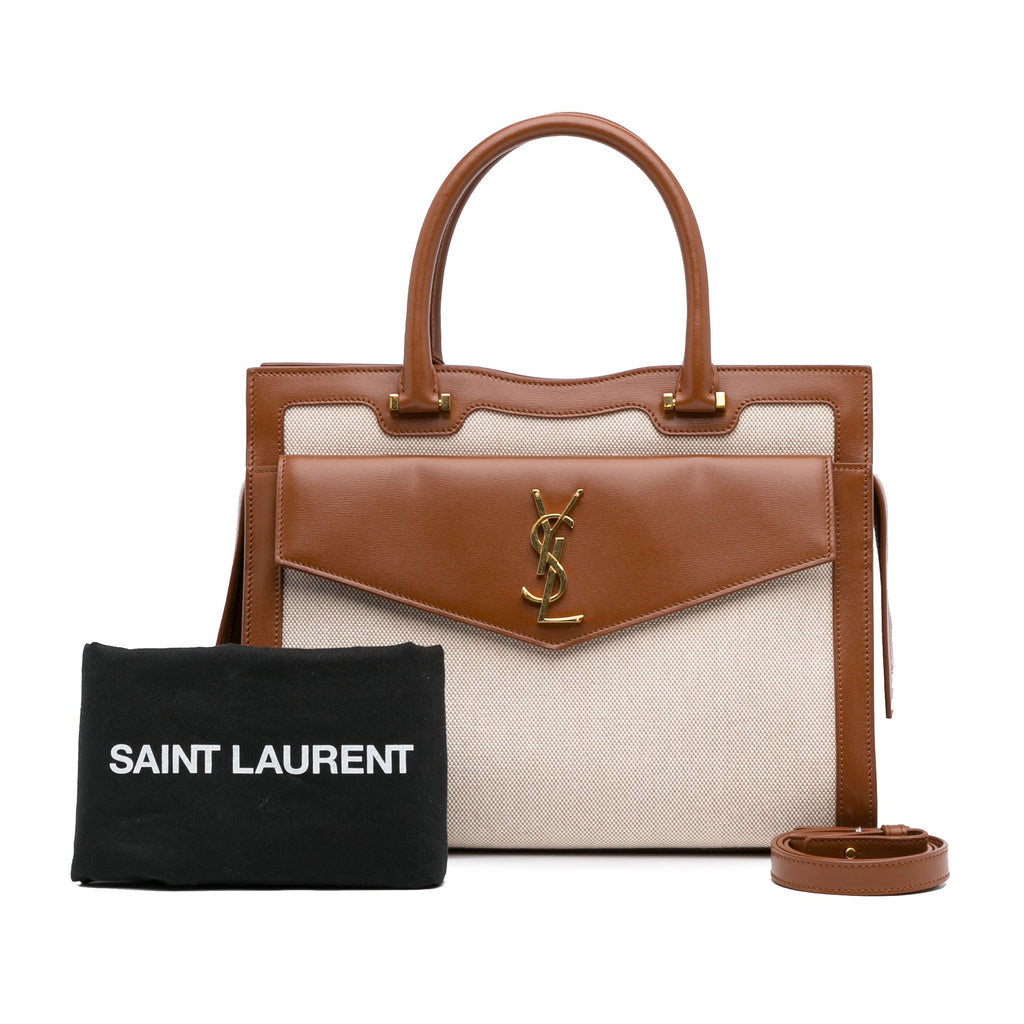 Beige Saint Laurent Medium Canvas Uptown Tote Satchel