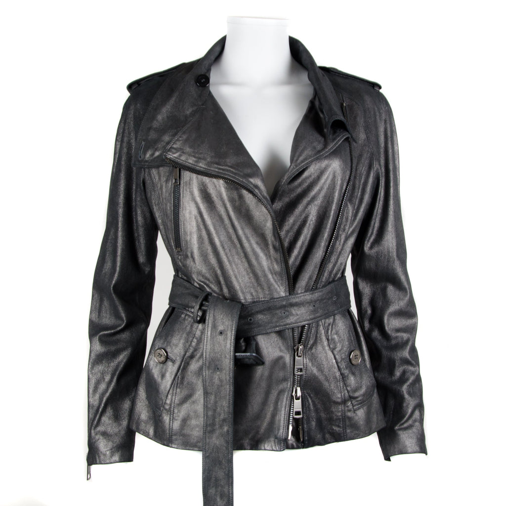 Grey Metallic Leather Belted Jacket