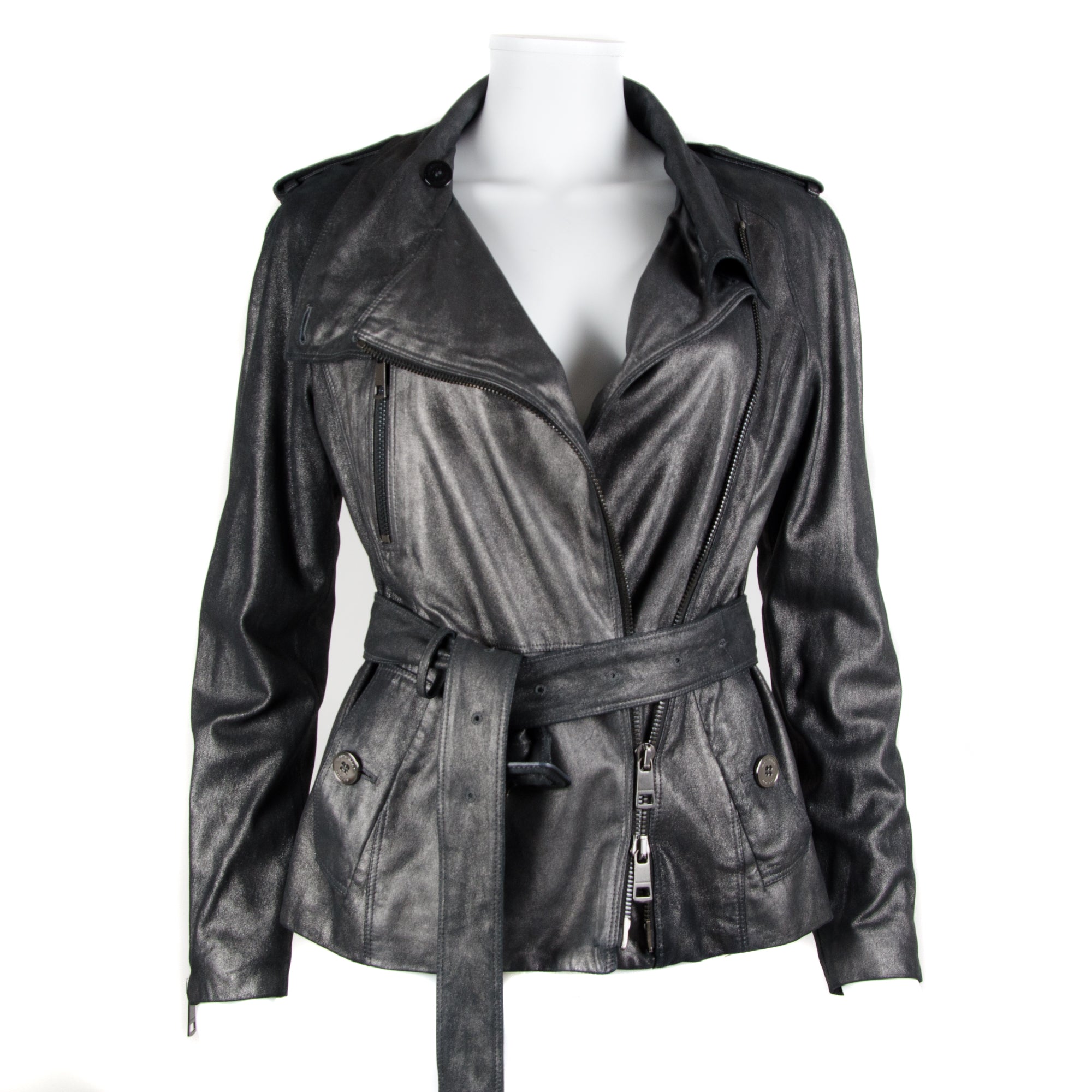Grey Metallic Leather Belted Jacket