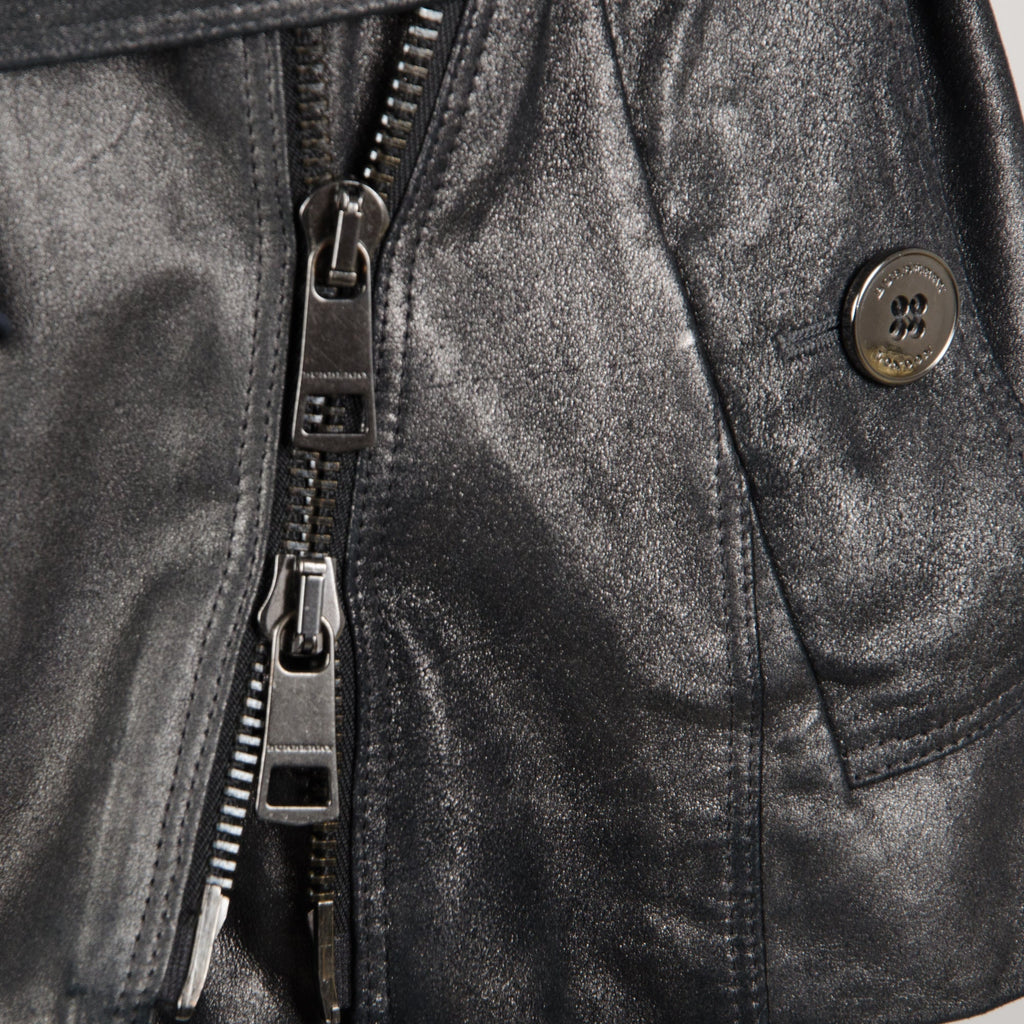Grey Metallic Leather Belted Jacket