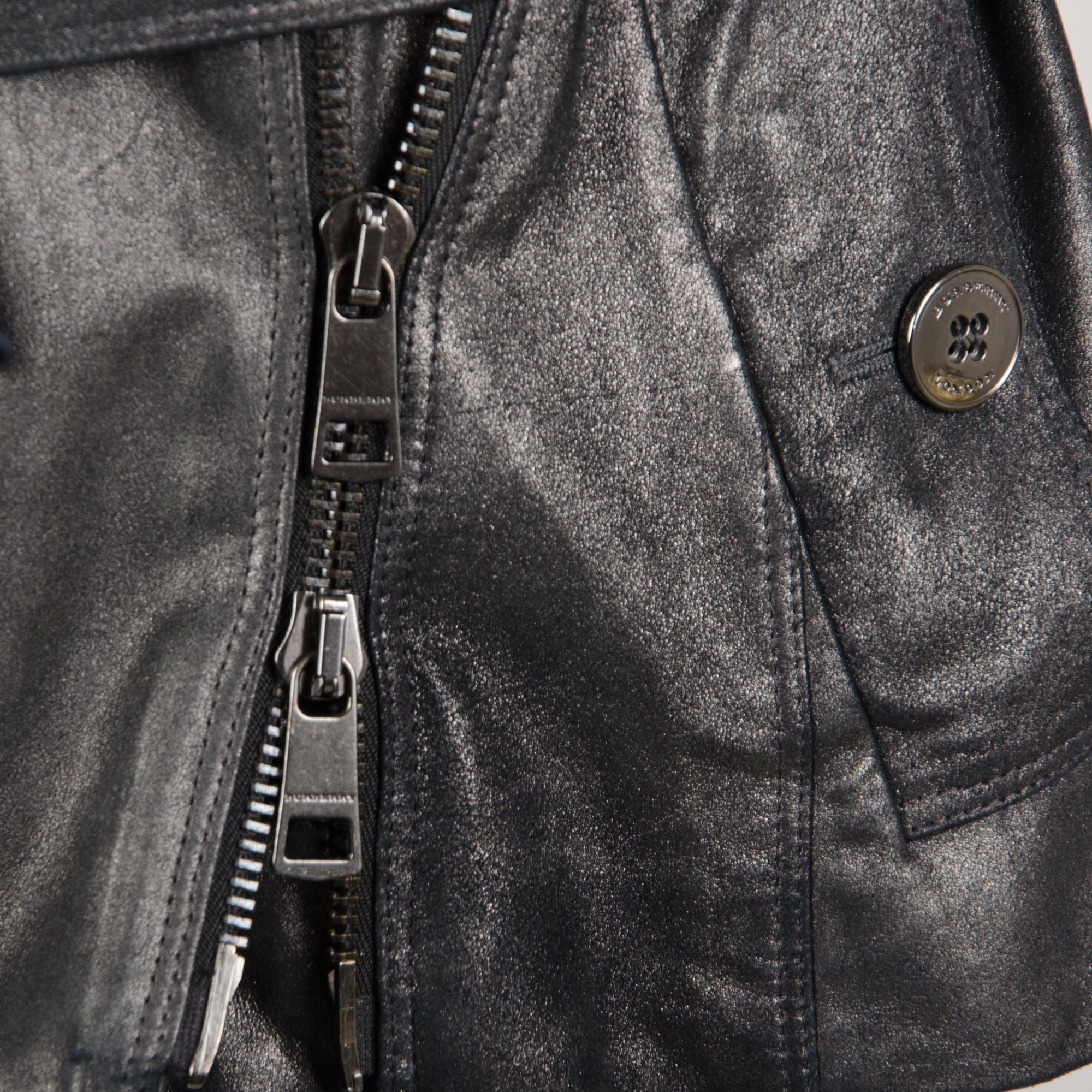 Grey Metallic Leather Belted Jacket