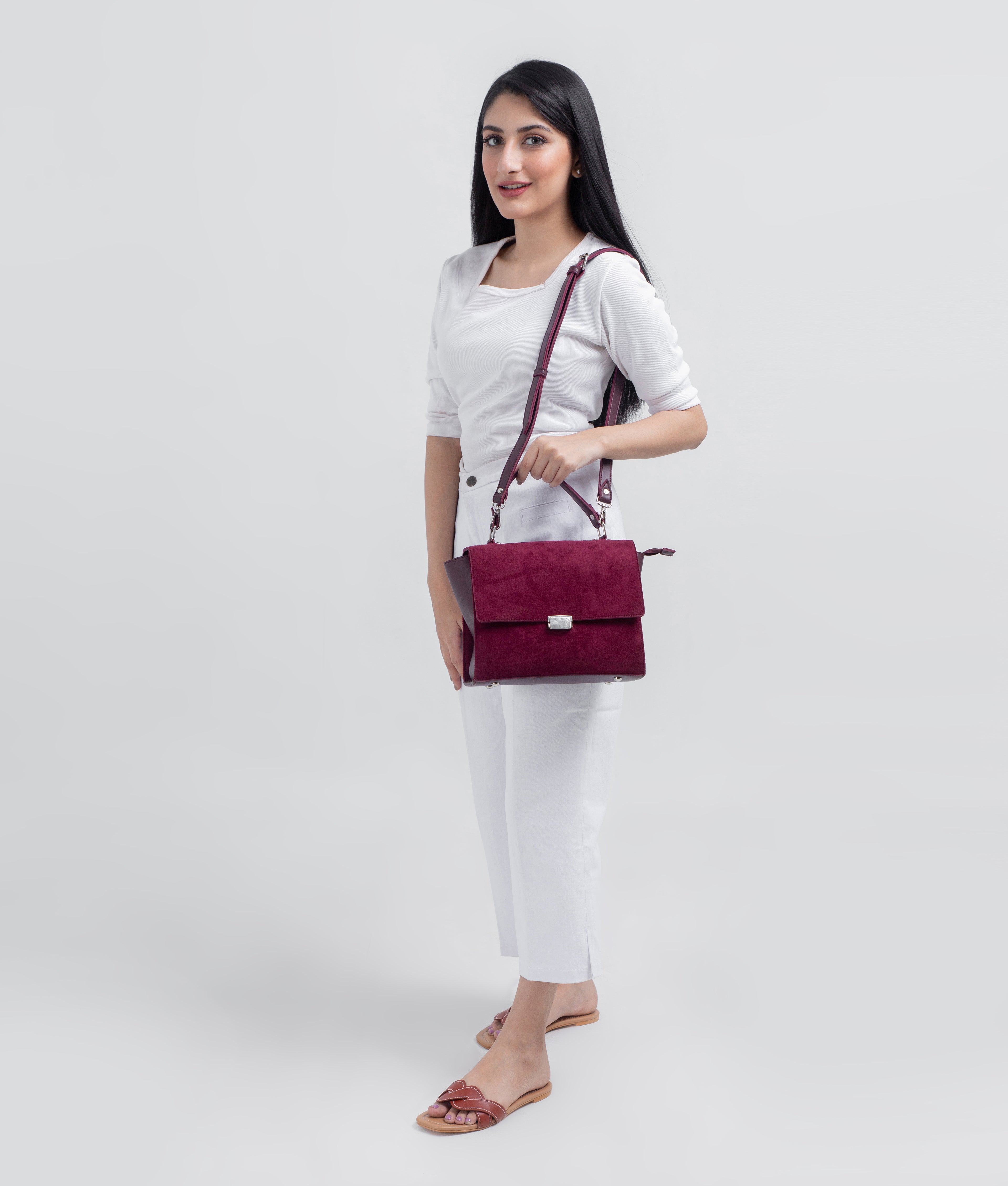 Burgundy suede mini messenger bag