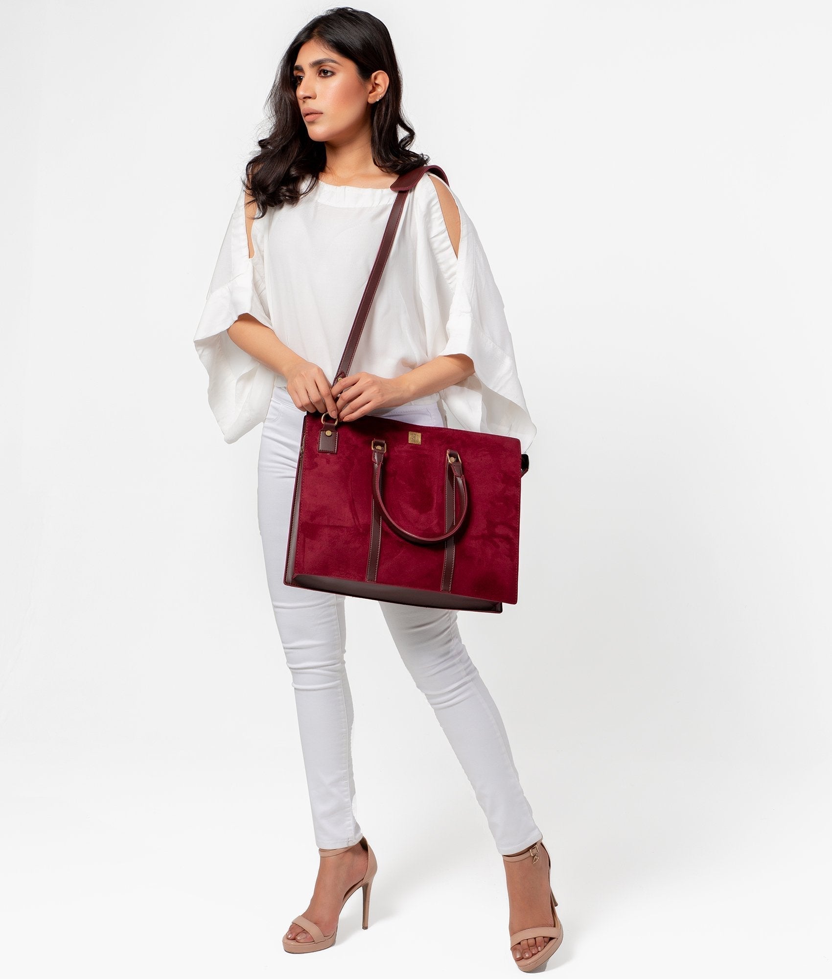 Burgundy suede laptop bag