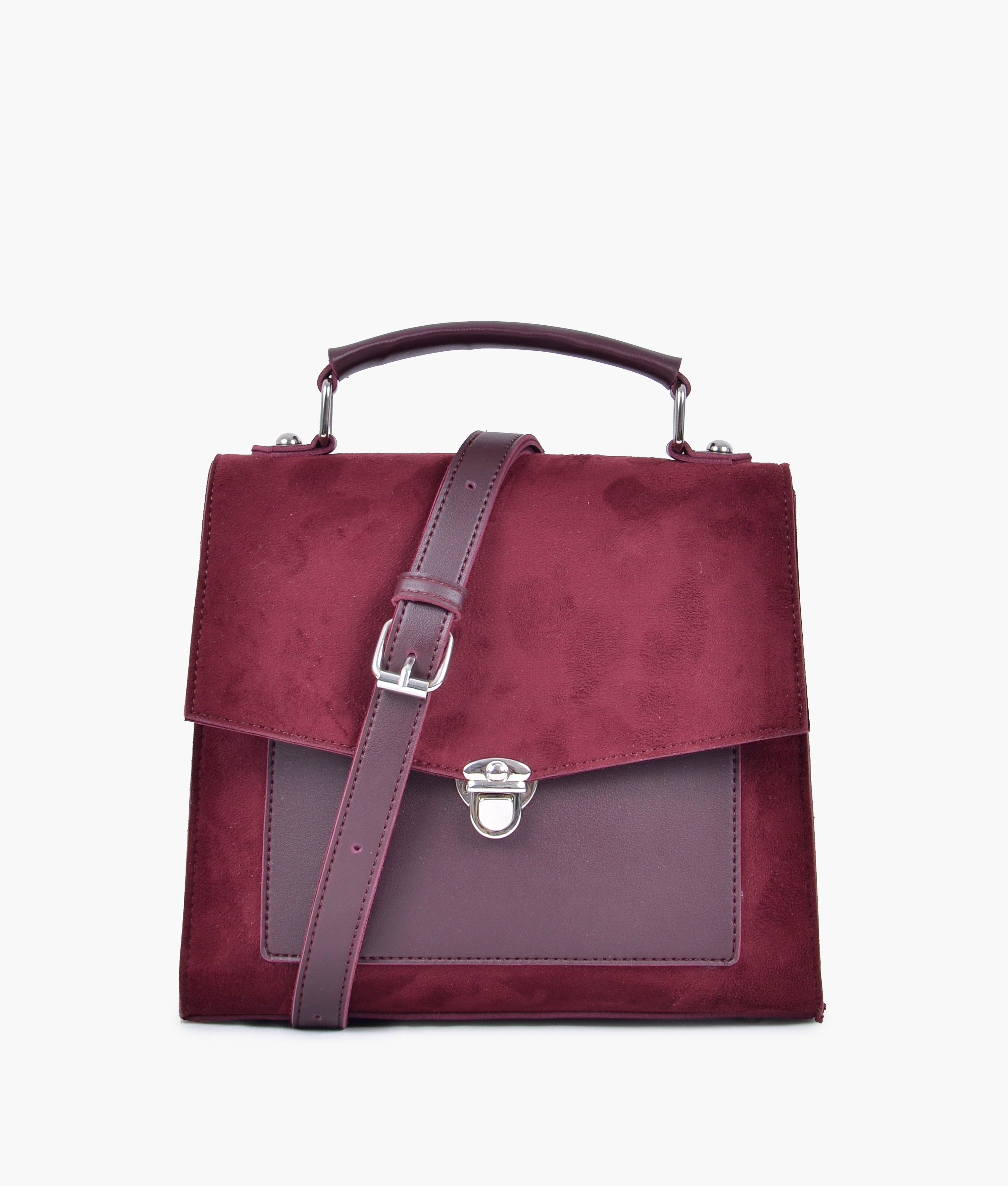 Burgundy suede push-lock messenger bag
