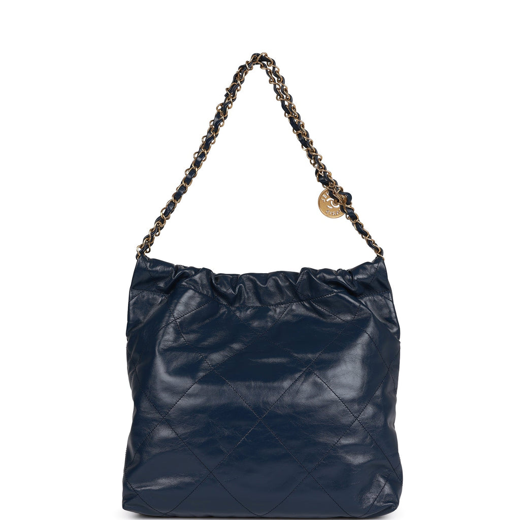 Chanel Large 22 Bag Navy Lambskin Antique Gold Hardware