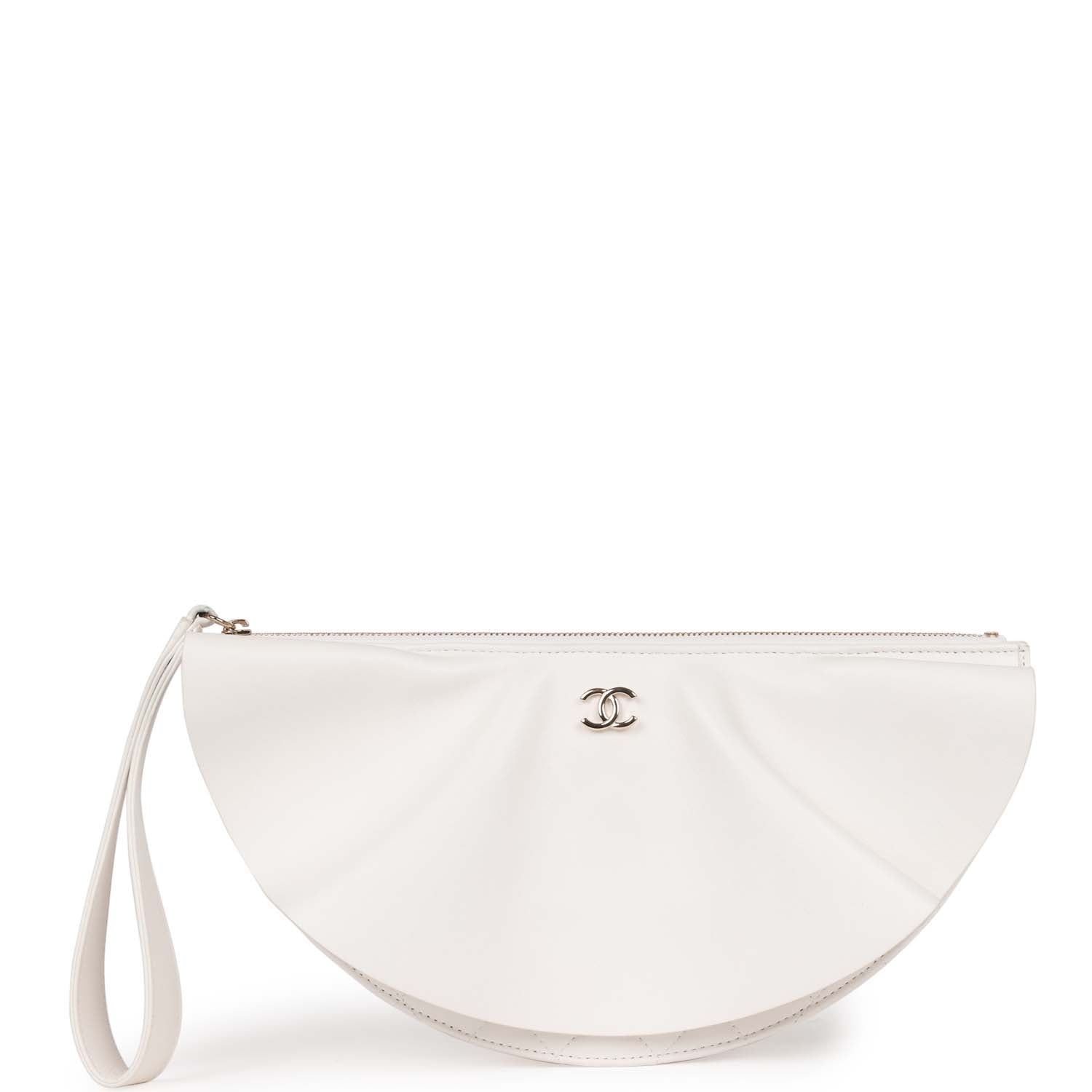 Pre-owned Chanel Ruffle Clutch with Wristlet White Lambskin Light Gold Hardware