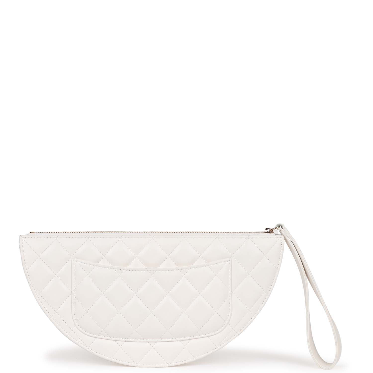 Pre-owned Chanel Ruffle Clutch with Wristlet White Lambskin Light Gold Hardware