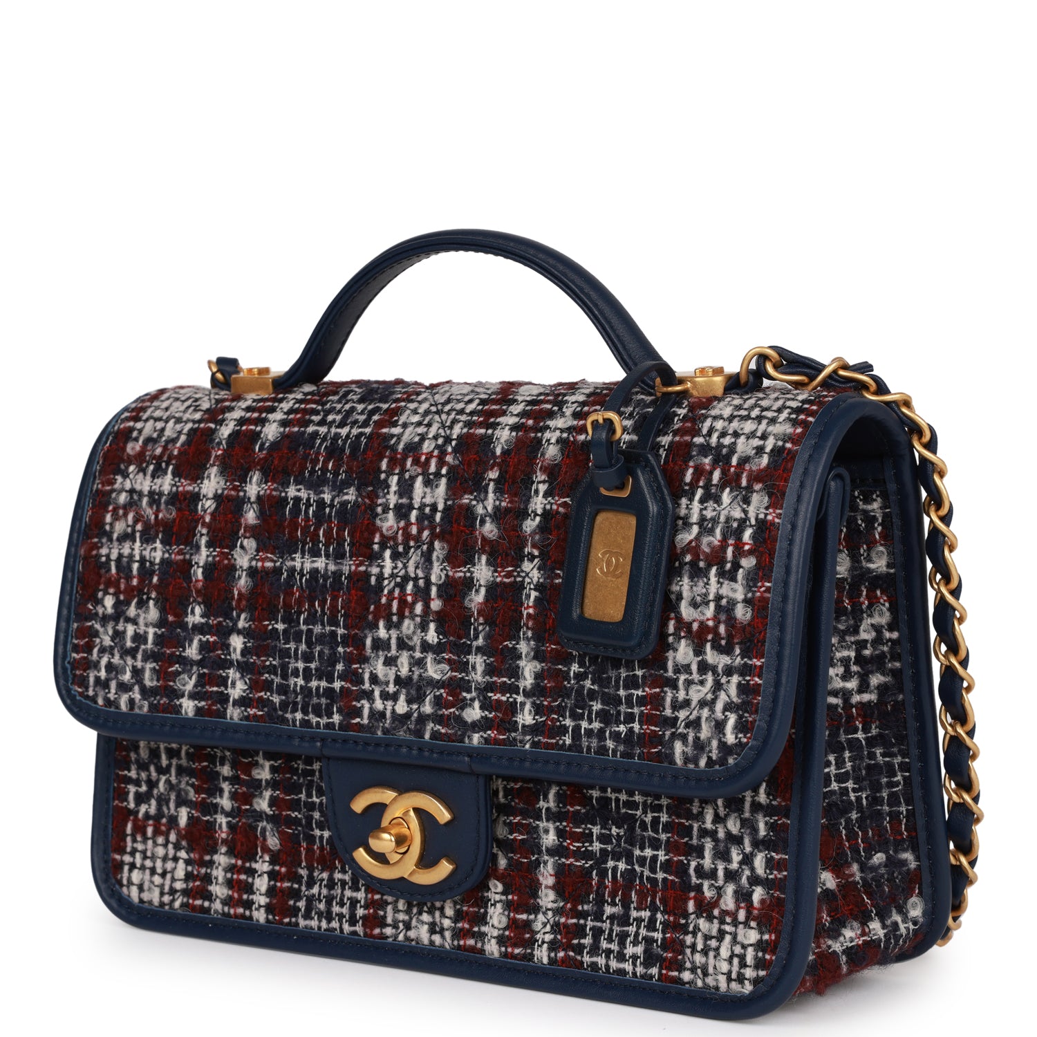 Pre-owned Chanel Medium School Memory Flap Bag with Top Handle Navy Multicolor Tweed Aged Gold Hardware