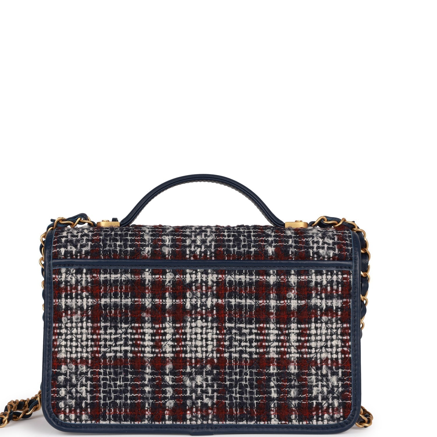Pre-owned Chanel Medium School Memory Flap Bag with Top Handle Navy Multicolor Tweed Aged Gold Hardware