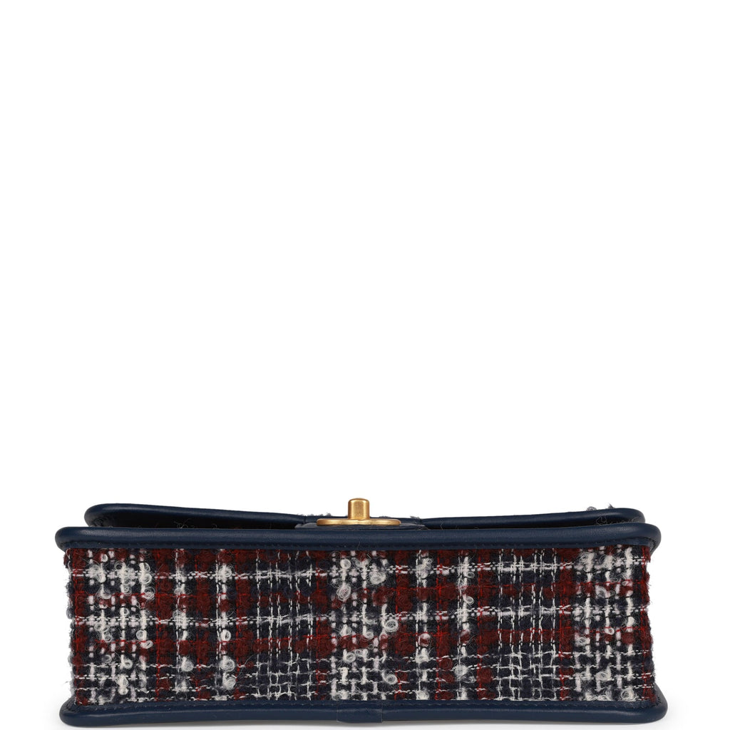 Pre-owned Chanel Medium School Memory Flap Bag with Top Handle Navy Multicolor Tweed Aged Gold Hardware