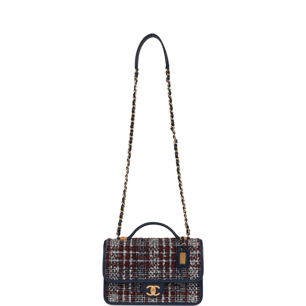 Pre-owned Chanel Medium School Memory Flap Bag with Top Handle Navy Multicolor Tweed Aged Gold Hardware