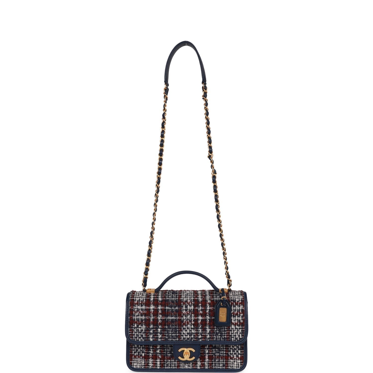 Pre-owned Chanel Medium School Memory Flap Bag with Top Handle Navy Multicolor Tweed Aged Gold Hardware