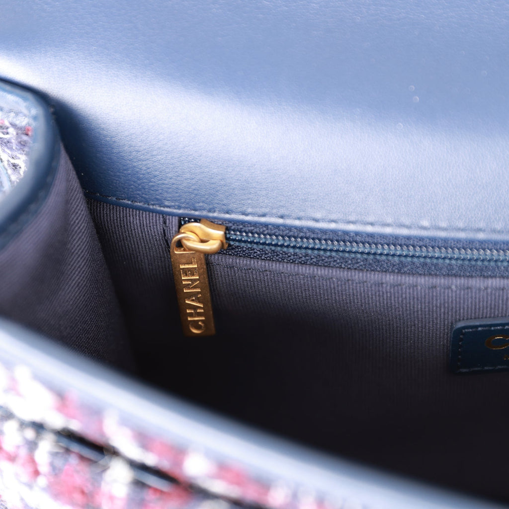 Pre-owned Chanel Medium School Memory Flap Bag with Top Handle Navy Multicolor Tweed Aged Gold Hardware