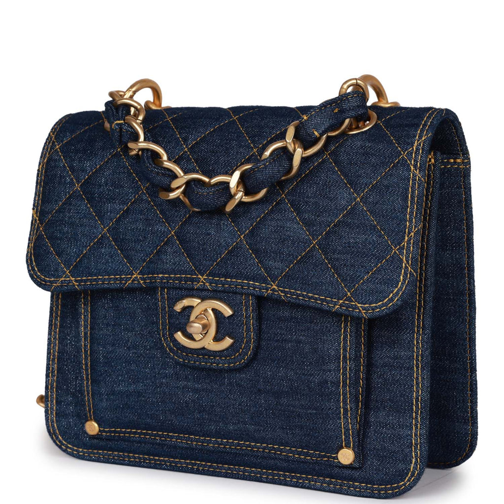 Chanel Square Flap Blue Denim Antique Gold Hardware