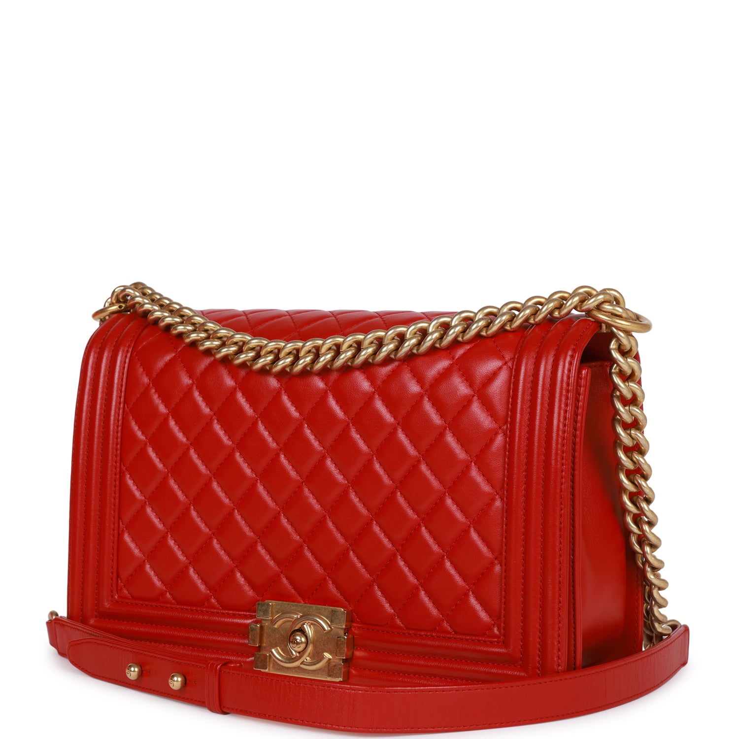 Pre-owned Chanel New Medium Boy Bag Red Lambskin Antique Gold Hardware