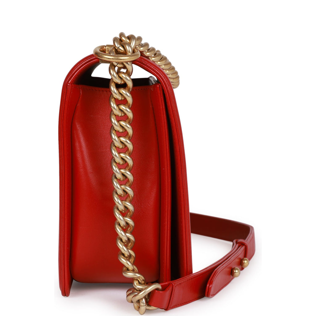 Pre-owned Chanel New Medium Boy Bag Red Lambskin Antique Gold Hardware
