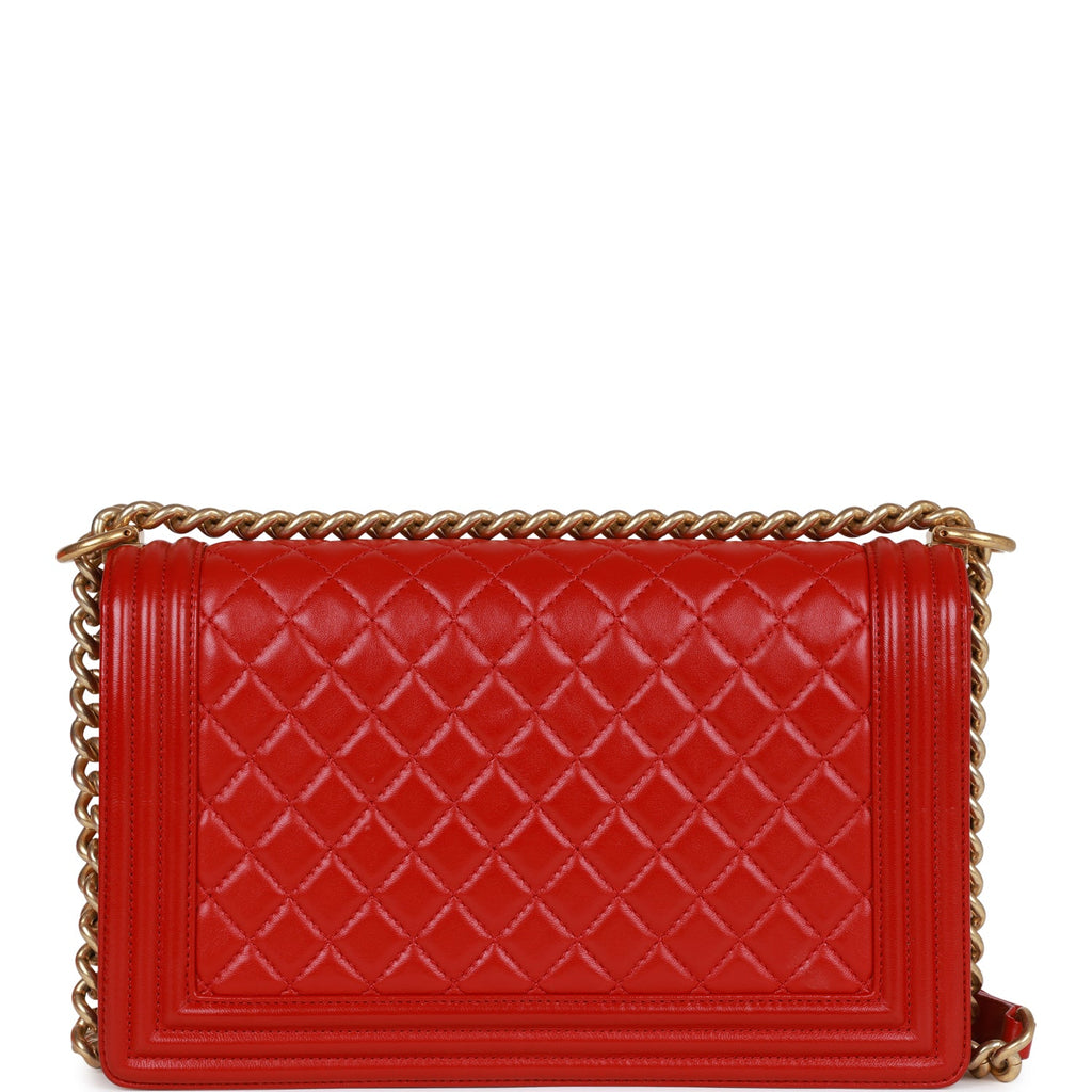 Pre-owned Chanel New Medium Boy Bag Red Lambskin Antique Gold Hardware