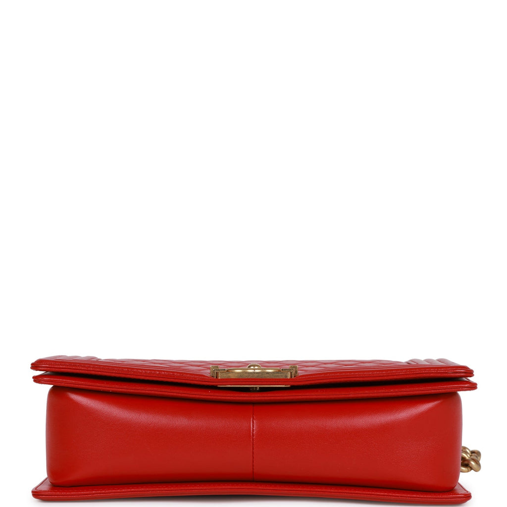 Pre-owned Chanel New Medium Boy Bag Red Lambskin Antique Gold Hardware