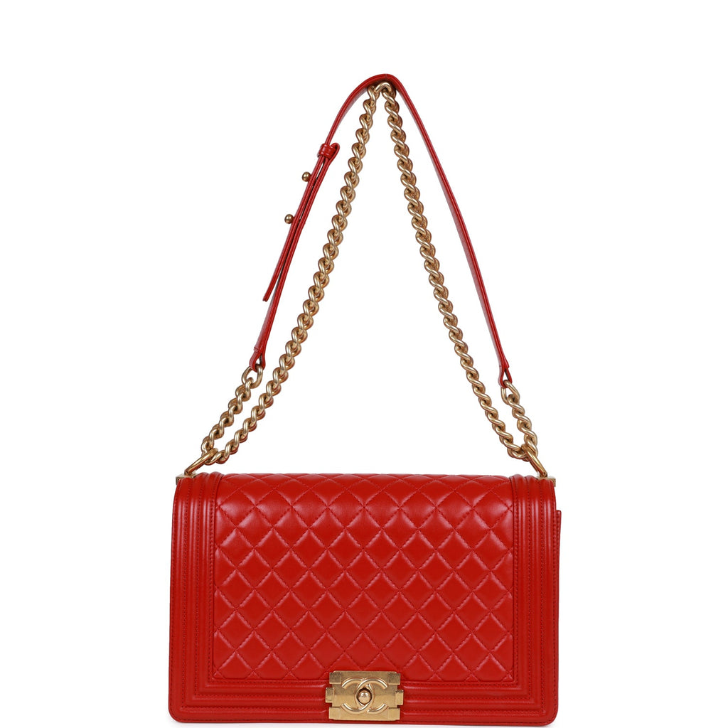 Pre-owned Chanel New Medium Boy Bag Red Lambskin Antique Gold Hardware