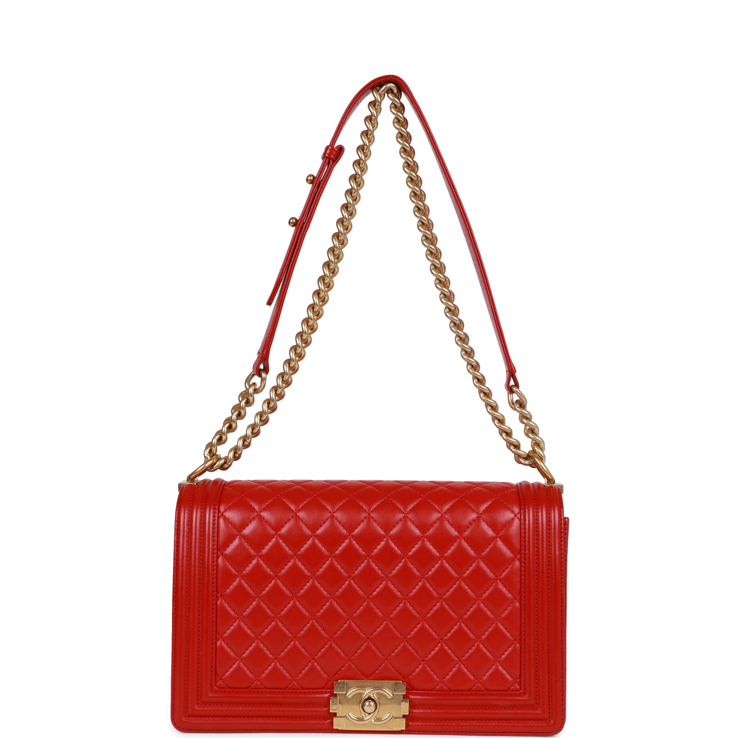 Pre-owned Chanel New Medium Boy Bag Red Lambskin Antique Gold Hardware