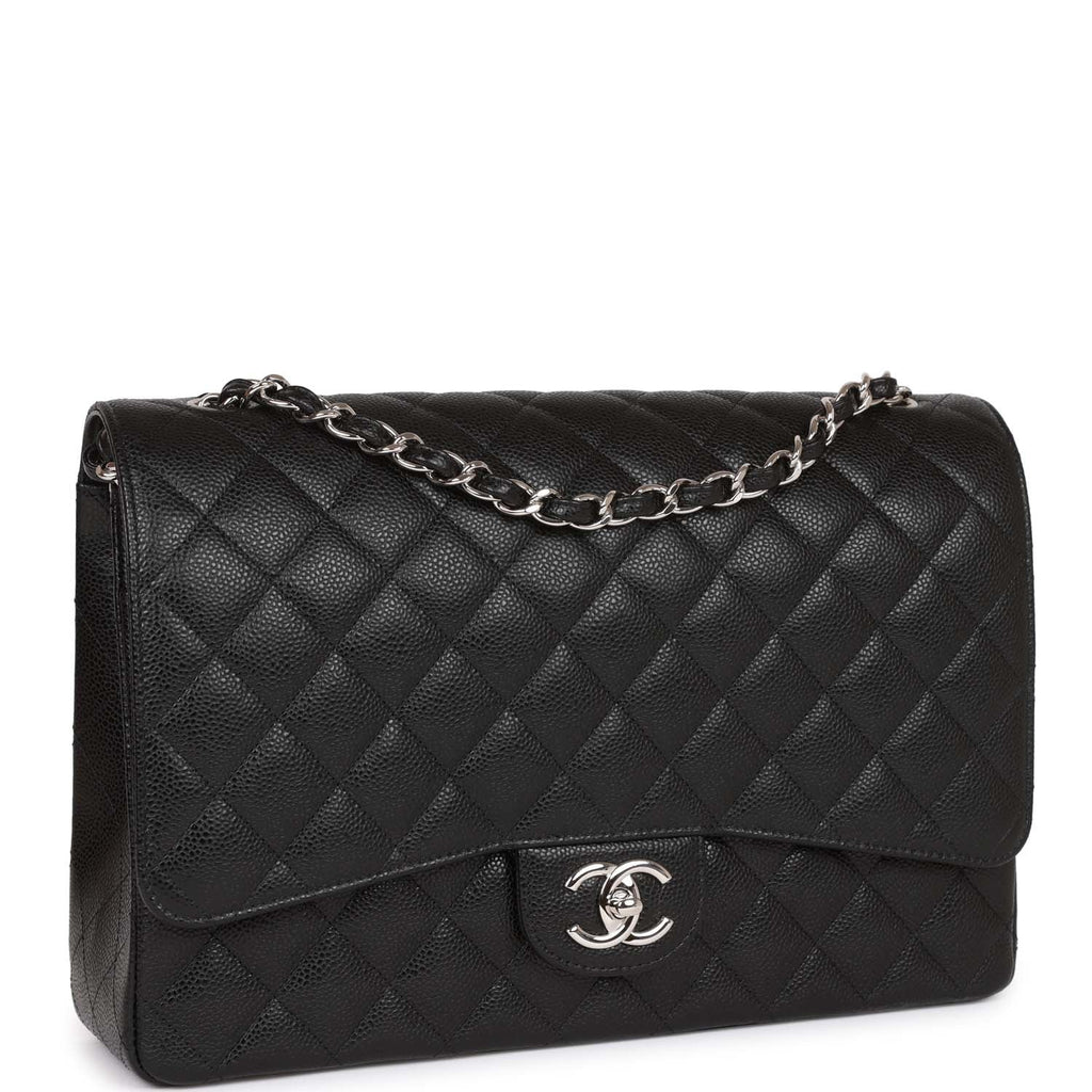 Chanel Maxi Classic Double Flap Bag Black Quilted Caviar Silver Hardware