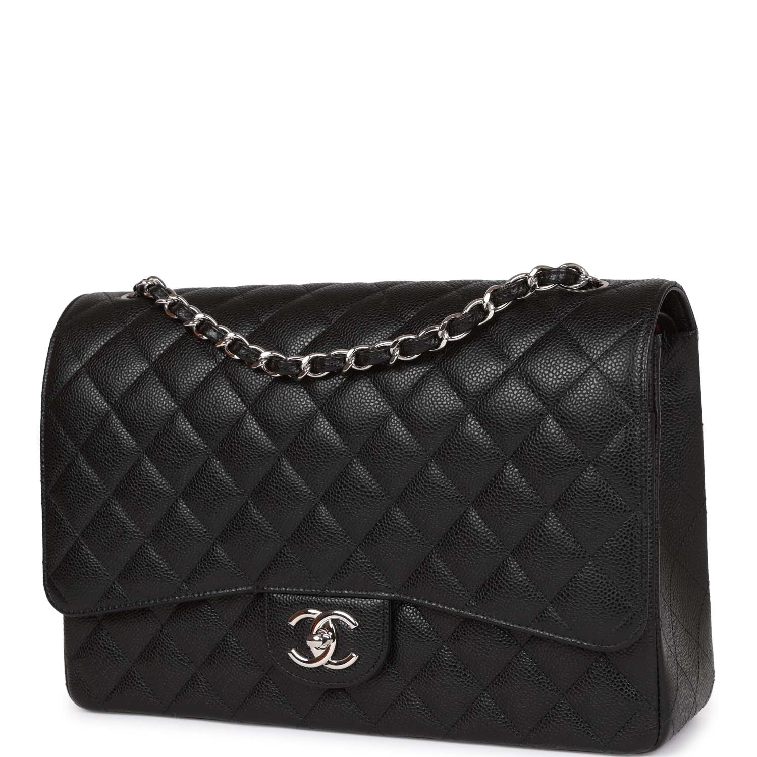 Chanel Maxi Classic Double Flap Bag Black Quilted Caviar Silver Hardware