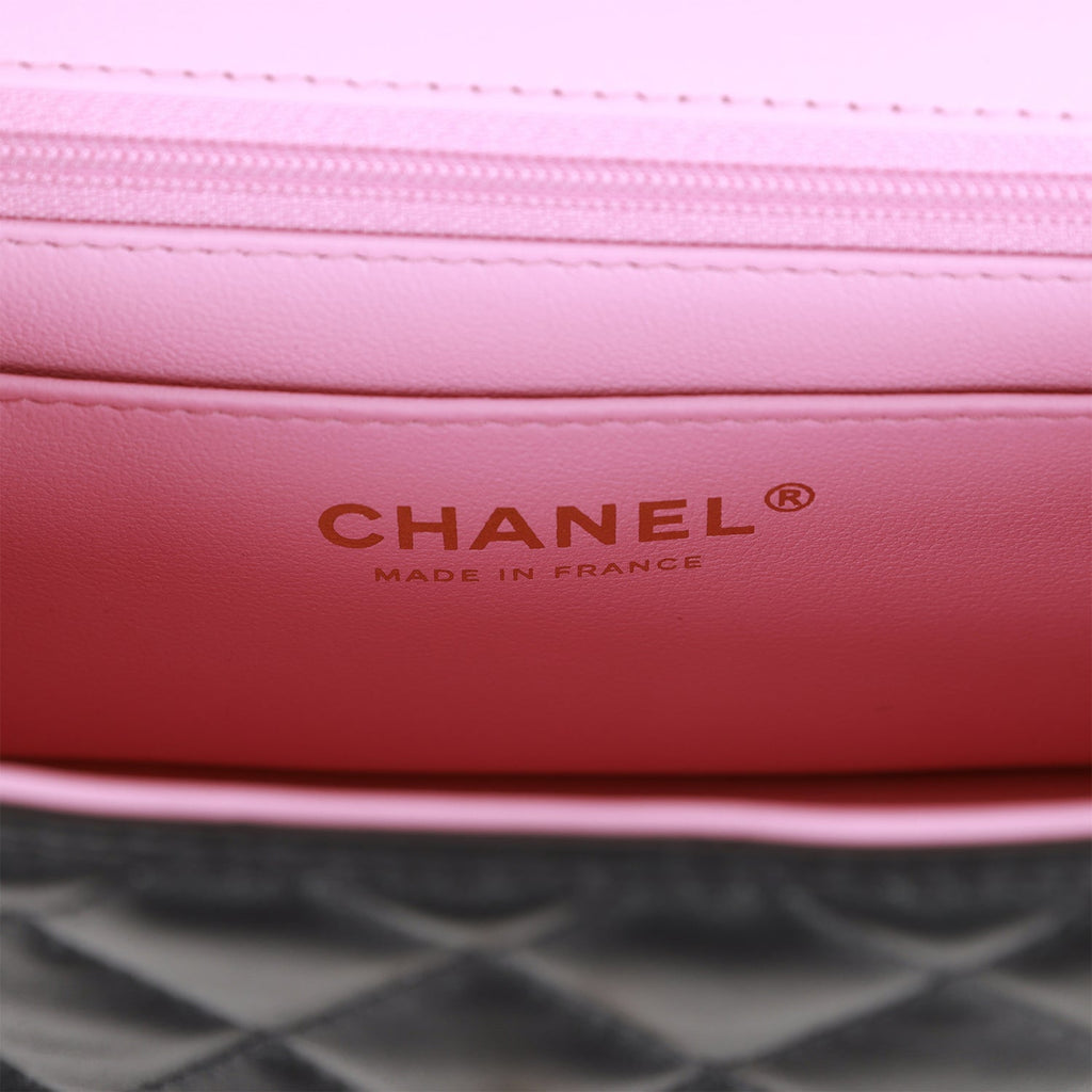 Chanel Mini Rectangular Flap Bag with Top Handle Black and Pink Lambskin Light Gold Hardware