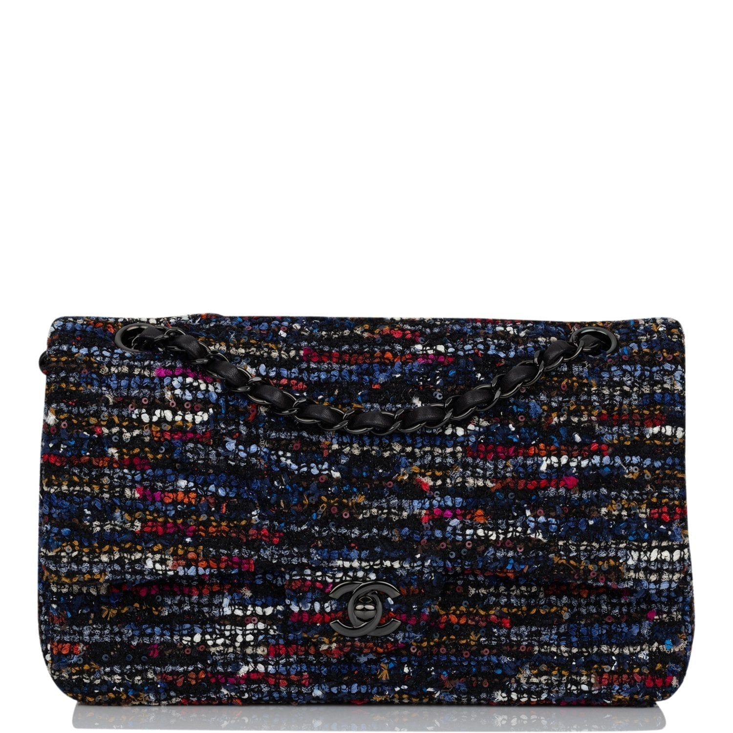 Chanel Medium Classic Double Flap Bag Navy Tweed Black Hardware