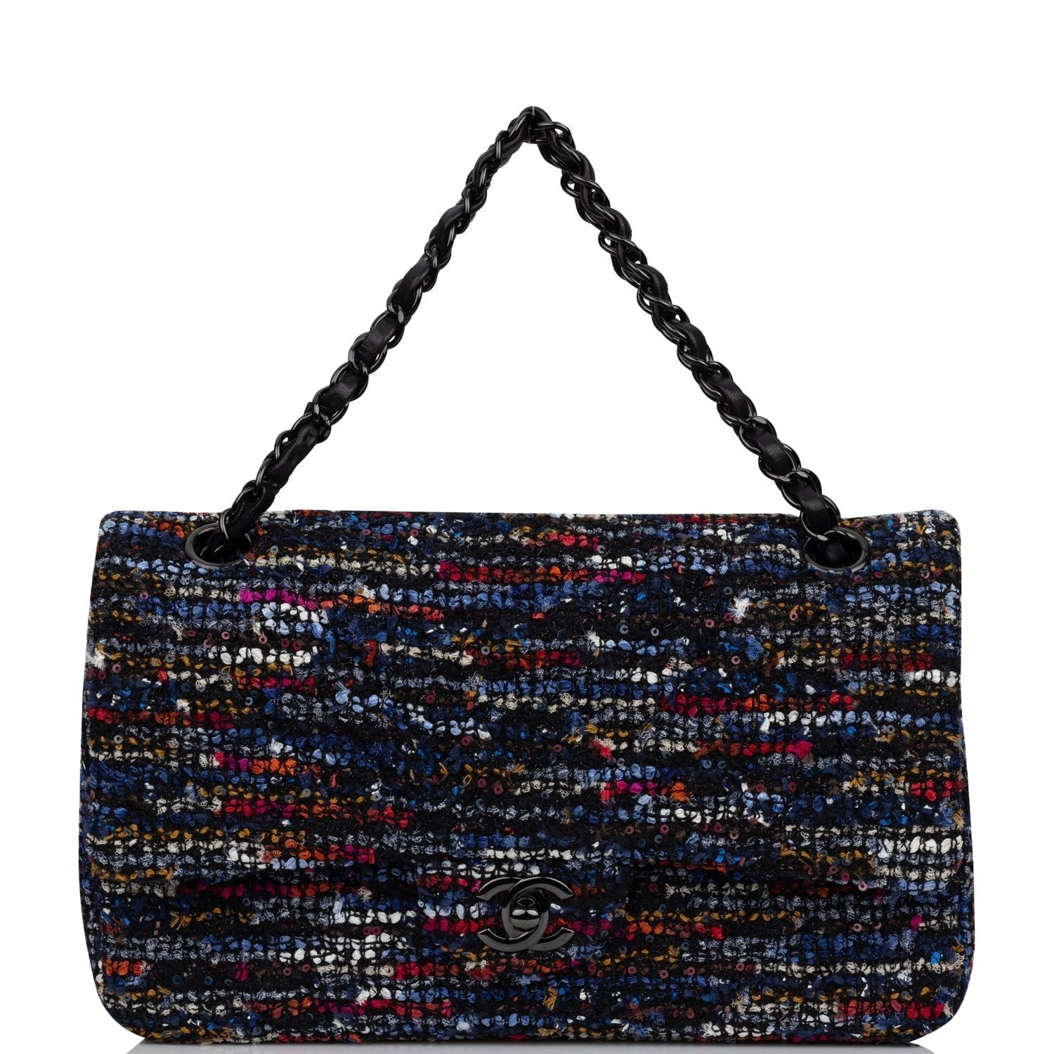 Chanel Medium Classic Double Flap Bag Navy Tweed Black Hardware