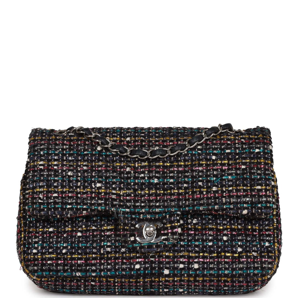 Chanel Medium Classic Double Flap Bag White and Black Tweed Boucle Silver Hardware