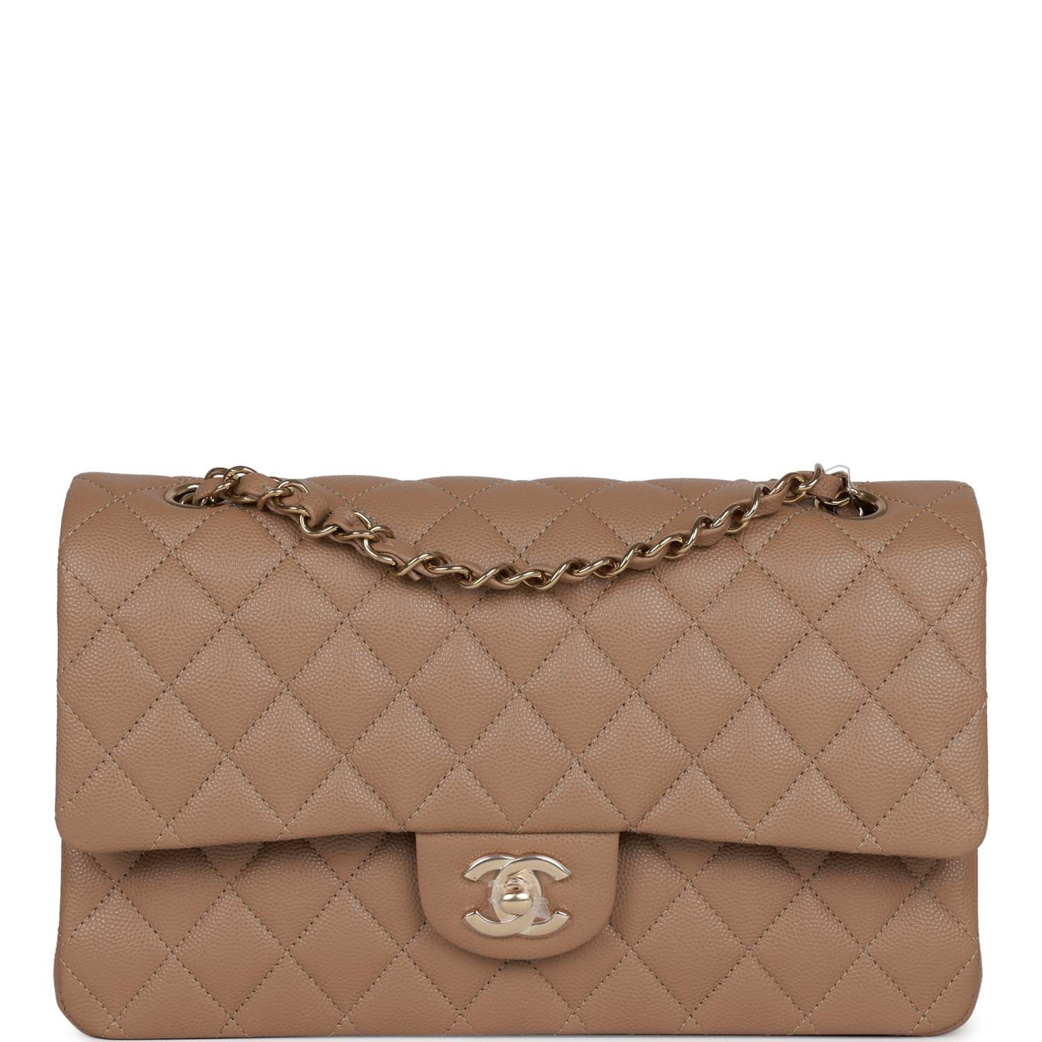 Chanel Medium Classic Double Flap Bag Dark Beige Caviar Light Gold Hardware