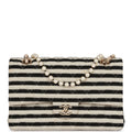 Chanel Medium Classic Double Flap Bag Black and Beige Striped Silk Light Gold Hardware