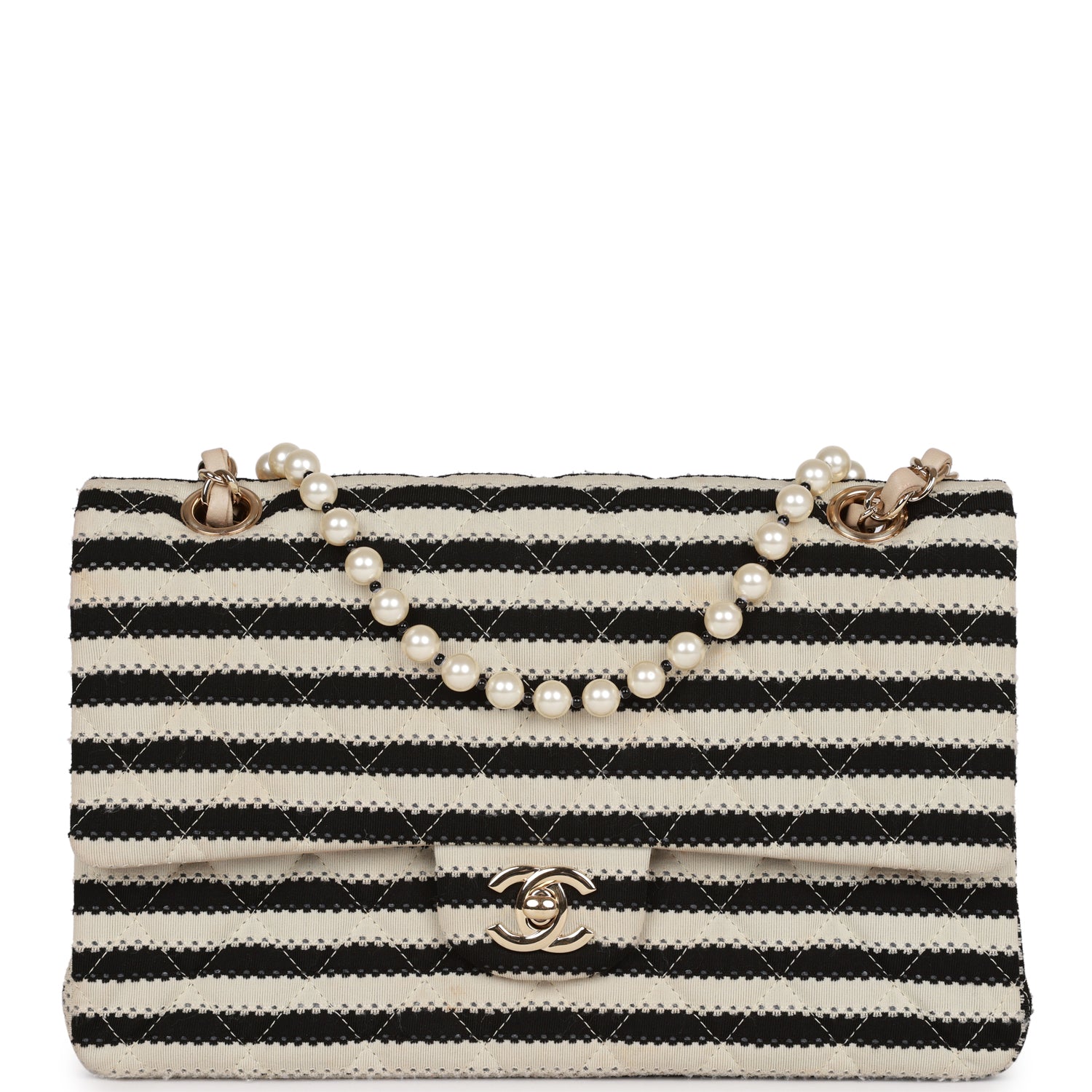 Chanel Medium Classic Double Flap Bag Black and Beige Striped Silk Light Gold Hardware