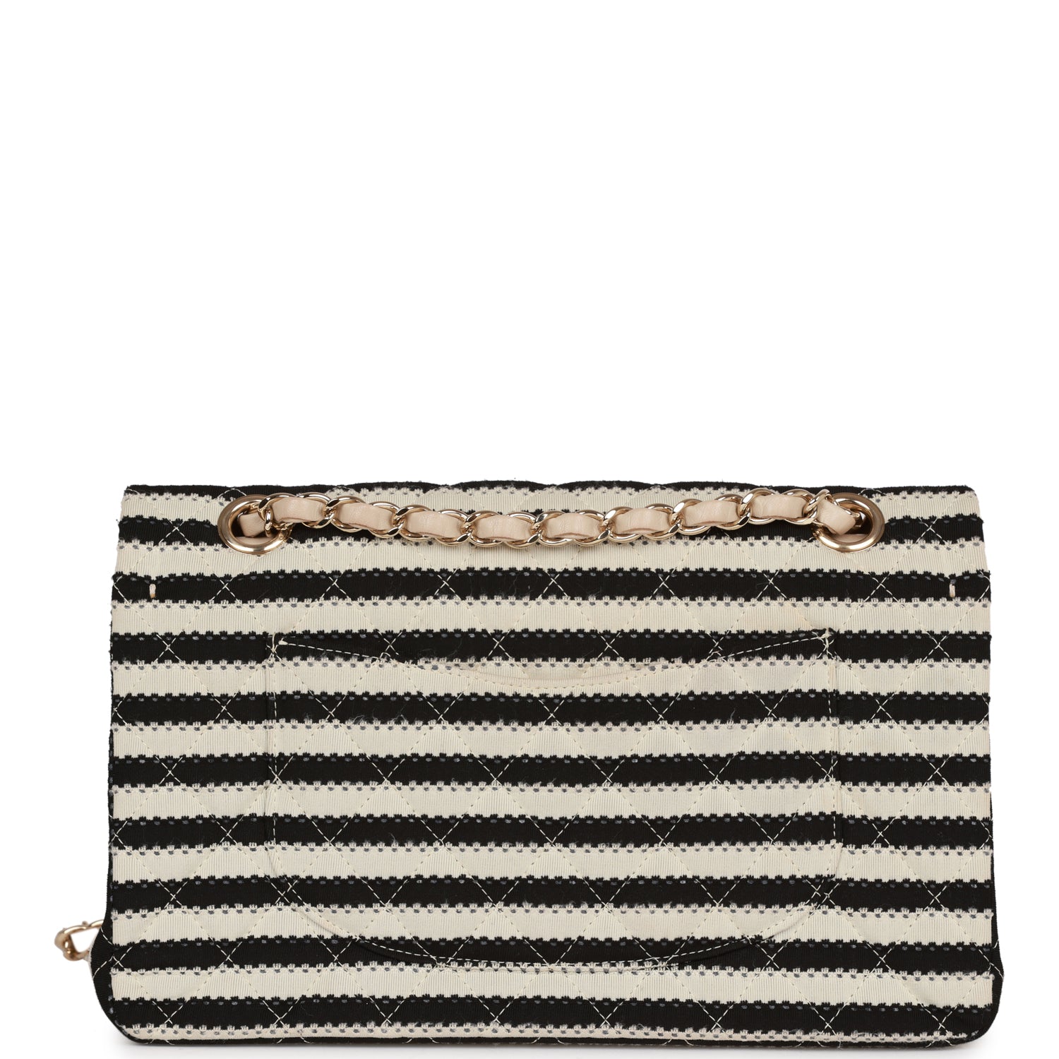 Chanel Medium Classic Double Flap Bag Black and Beige Striped Silk Light Gold Hardware