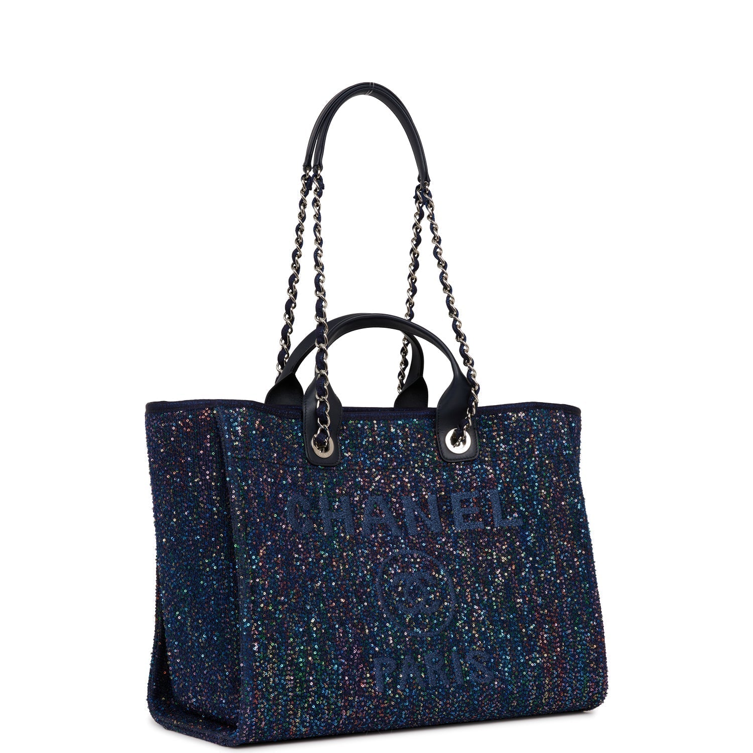 Chanel Large Deauville Shopping Bag Blue Sequin Boucle Silver Hardware
