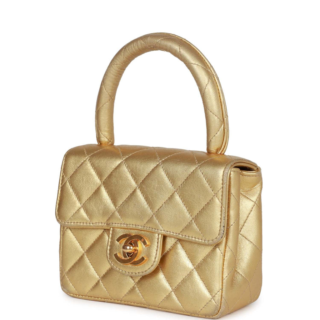 Vintage Chanel Mini Kelly Child Flap Bag Gold Metallic Lambskin Gold Hardware