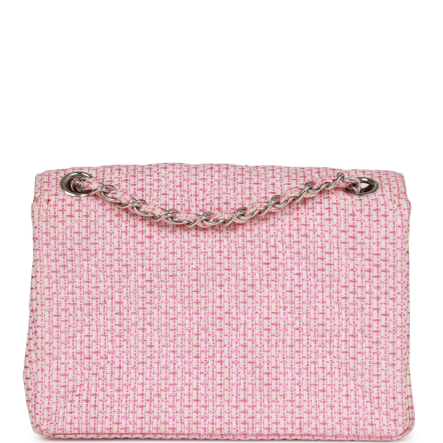 Vintage Chanel Classic Mini Flap Bag Pink Tweed Silver Hardware