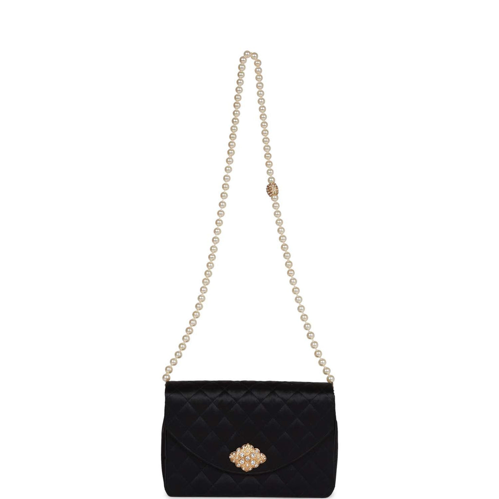 Vintage Chanel Gripoix Pearl Chain Bag Black Satin Gold Hardware