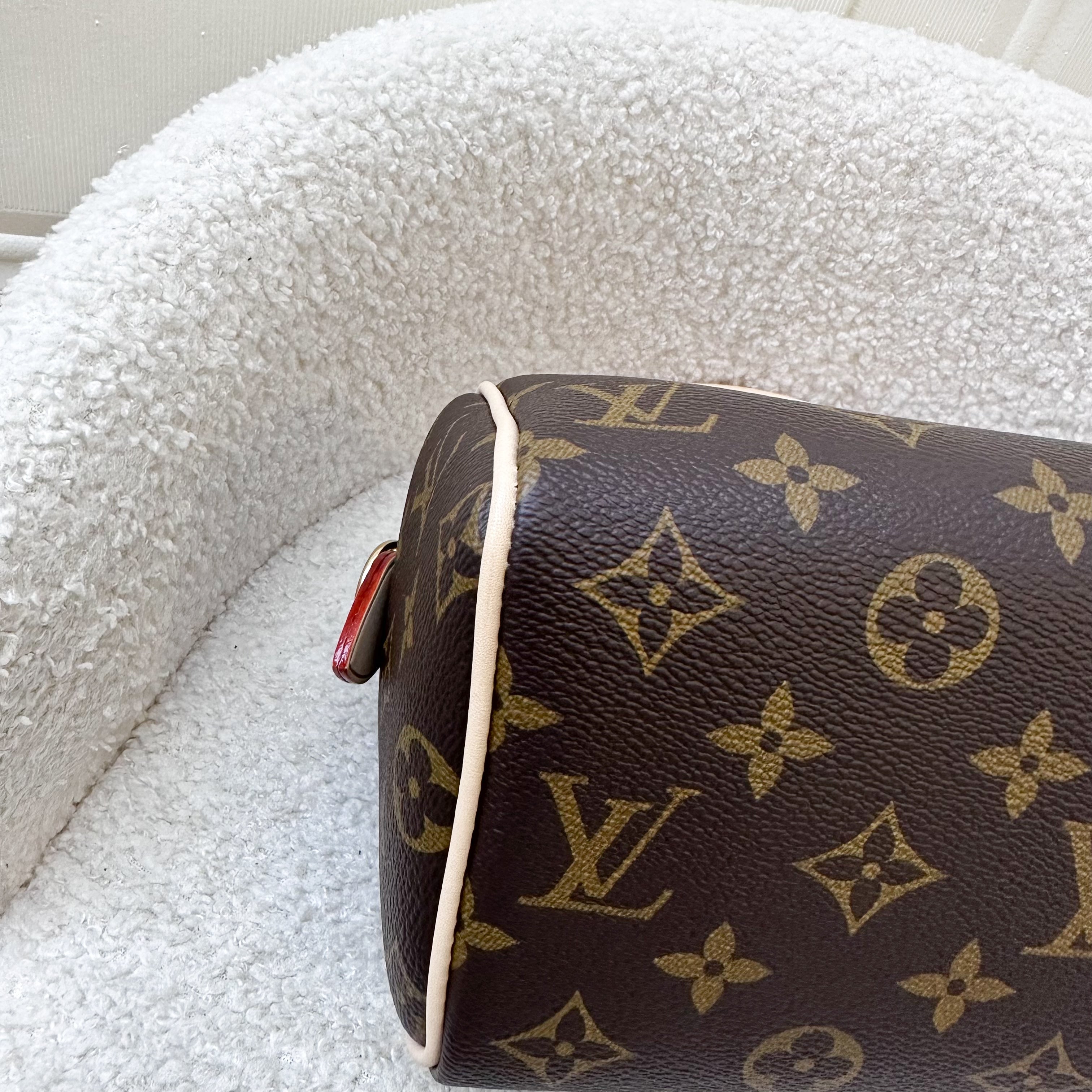 LV Speedy Bandouliere 20 in Monogram Canvas and Beige Patterned Strap
